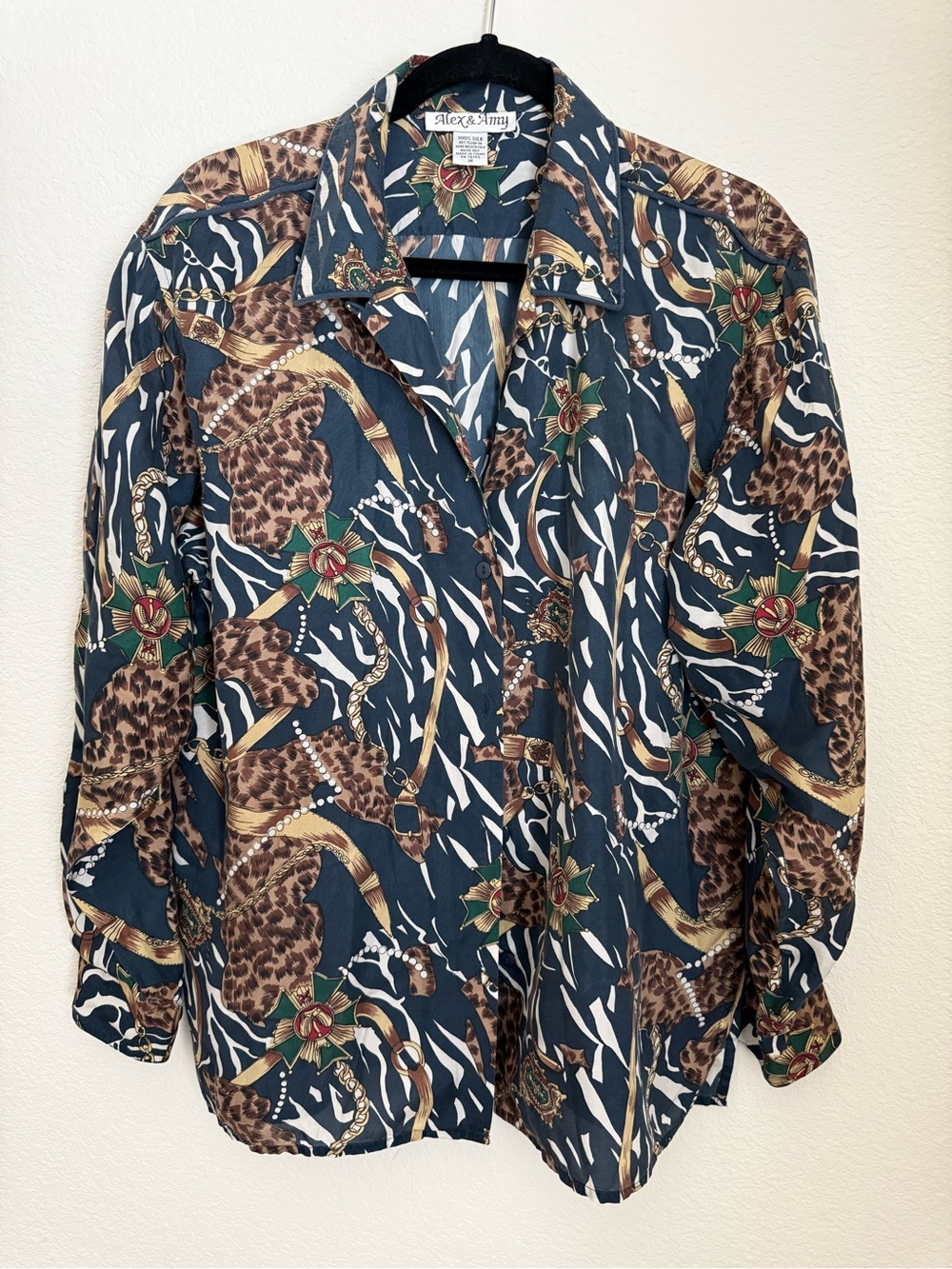 Alex & Amy | Dark Teal Patterned Button-Up Silk Shirt